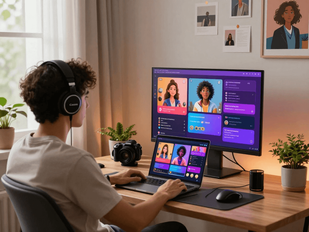 Engaging home office scene featuring a user exploring various porn chat AI characters in a stylish virtual setting.