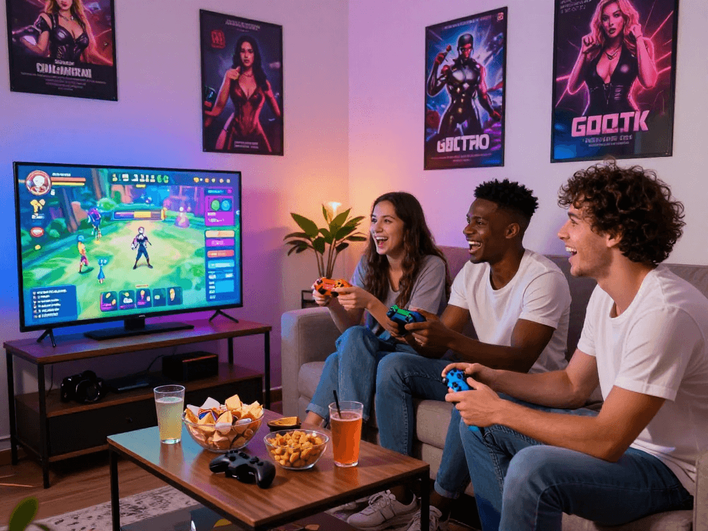 Playing porn games online with friends in a vibrant gaming scene.