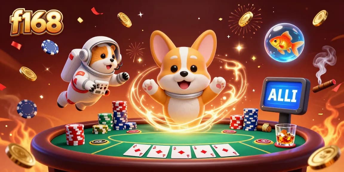 Experience thrilling gameplay at f168 with a cartoon astronaut corgi in a dynamic zero-gravity casino scene.