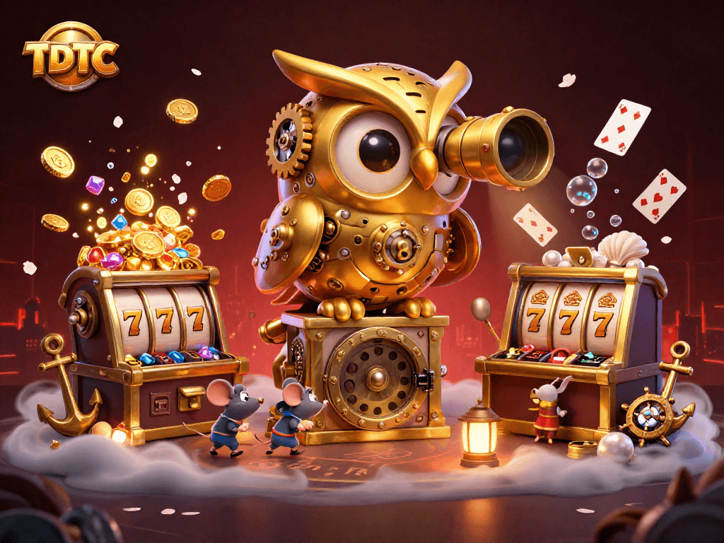 Experience thrilling slots action with TDTC while surrounded by cartoon characters in a vibrant casino.