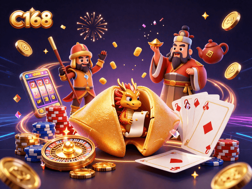 C168 spins thrilling casino excitement with golden coins, dragons, and vibrant gaming elements.