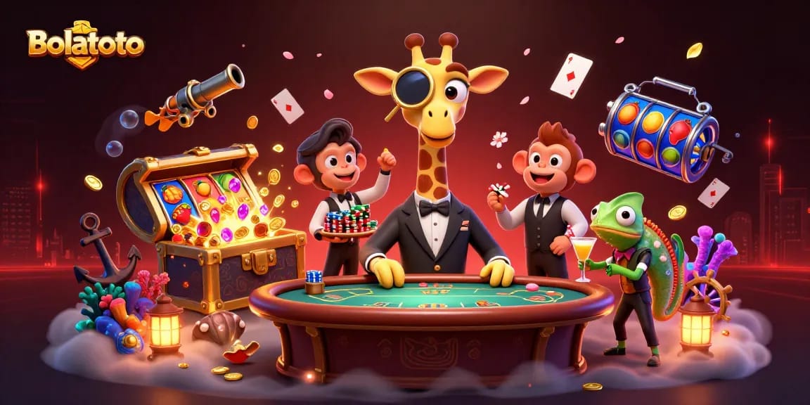 Join Bolatoto's vibrant casino scene with a high-roller giraffe, monkey valet, and chameleon bartender!