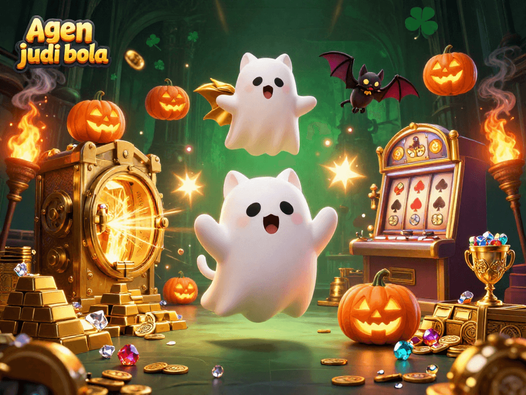 Place bets at agen judi bola with a colorful casino scene featuring floating ghost cat and treasures.
