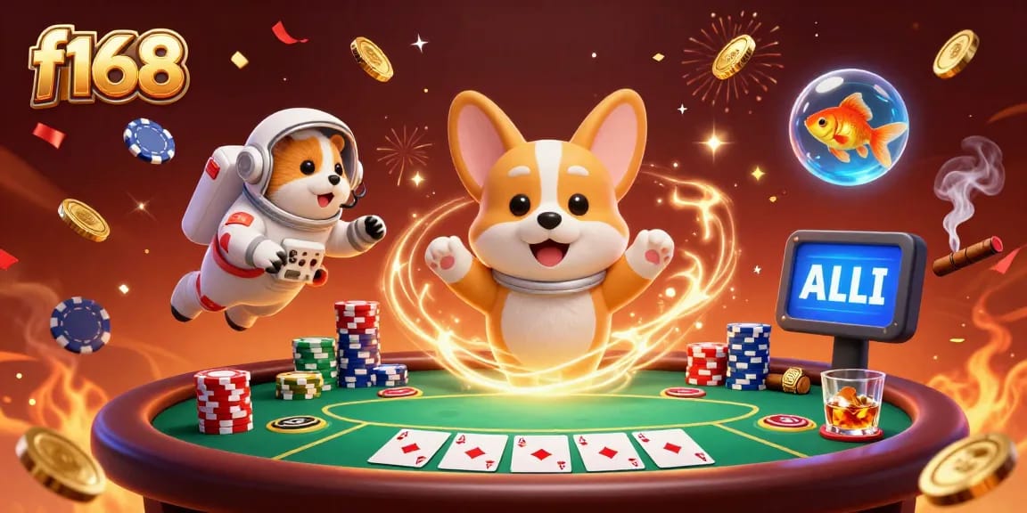 Experience thrilling gameplay at f168 with a cartoon astronaut corgi in a dynamic zero-gravity casino scene.