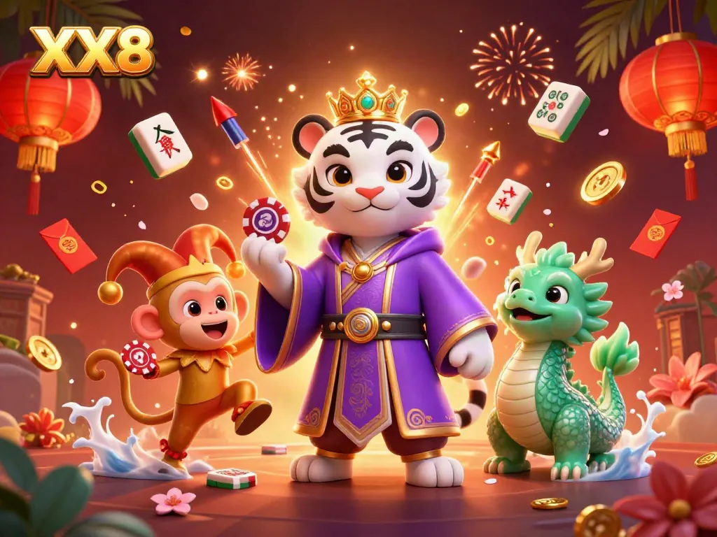 Experience the thrill of XX8 with a vibrant casino scene featuring a royal tiger and playful monkey surrounded by gaming elements.