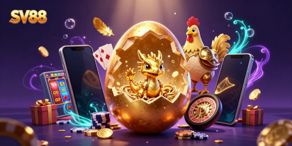 Experience the excitement of SV88 with a golden dragon on poker chips, surrounded by dynamic casino elements.