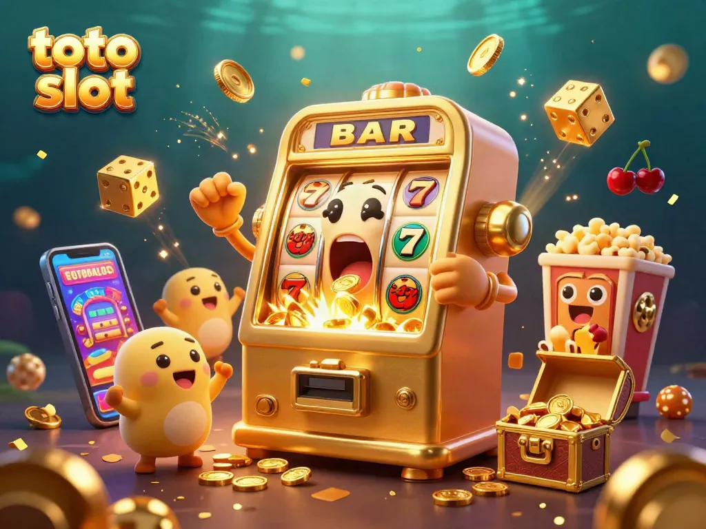 Exciting scene of a toto slot machine winning big, with coins, symbols, and cheering machines.