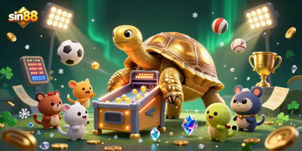 Experience the excitement at sin88 with a joyful queue at a colossal golden tortoise pinball machine surrounded by lively sports balls.