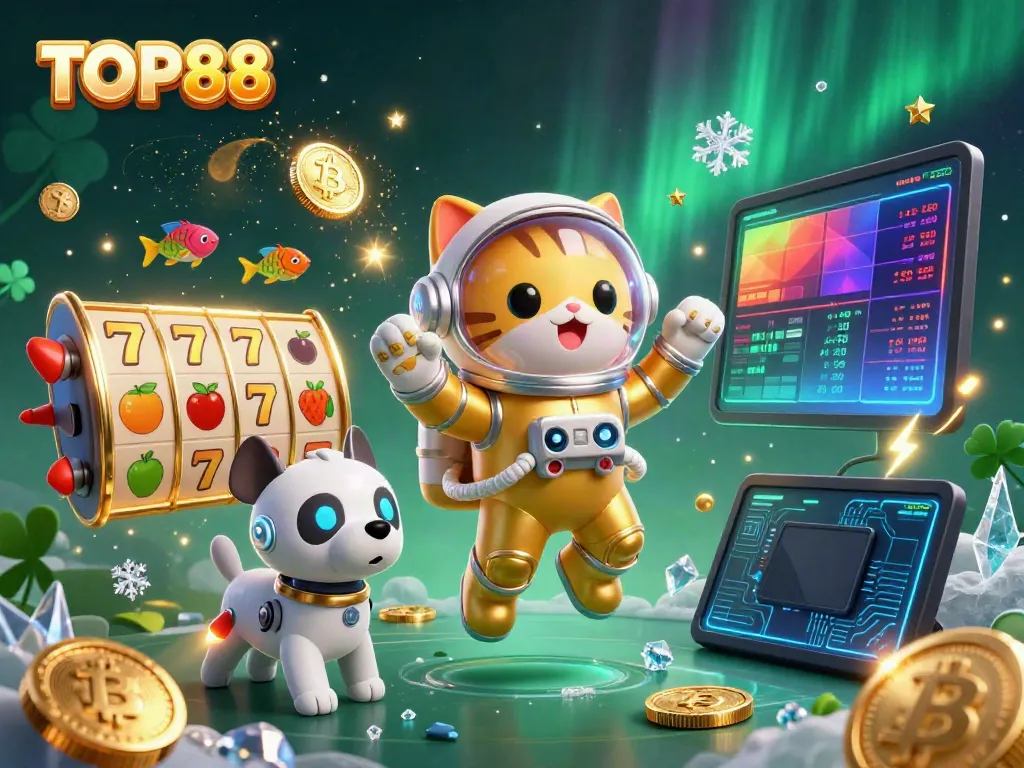 Experience the thrill of TOP88 with a vibrant, 3D casino adventure featuring a golden suited astronaut cat and lively gambling elements.