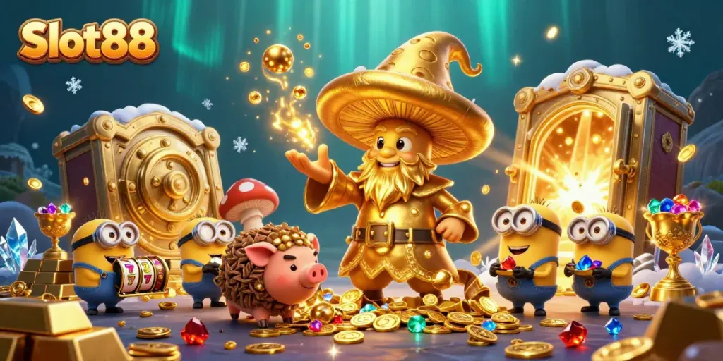 Engage in the Slot88 experience with a magical 3D scene featuring golden treasures, wizard characters, and dynamic casino elements.