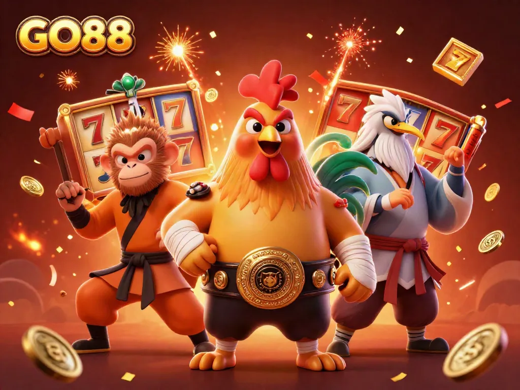 Experience exhilarating wins with GO88's thrilling casino illustration, featuring dynamic characters and festive elements.