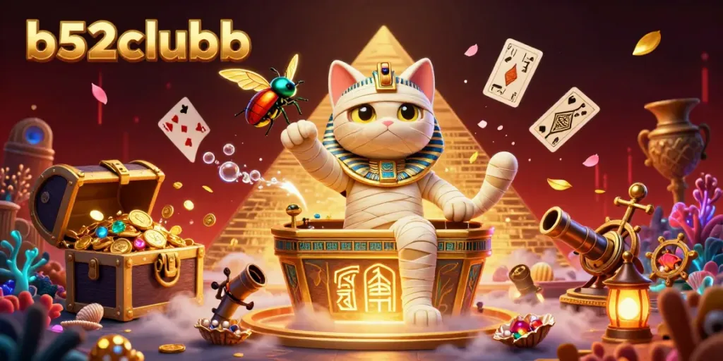 Join the fun at b52clubb, where the Egyptian mummy cat and golden scarab beetle bring casino excitement to life!