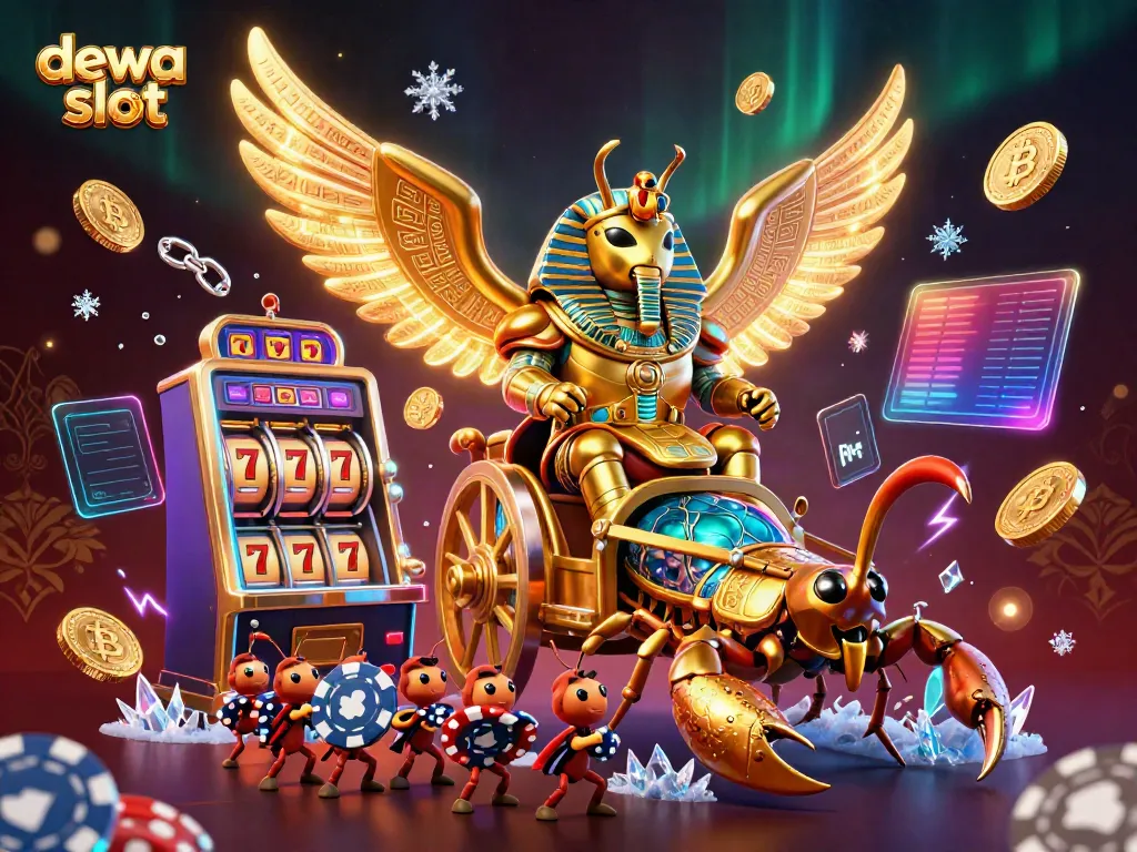 Engage with dewa slot through vibrant 3D illustration featuring scarab beetle and scorpions among crypto coins.