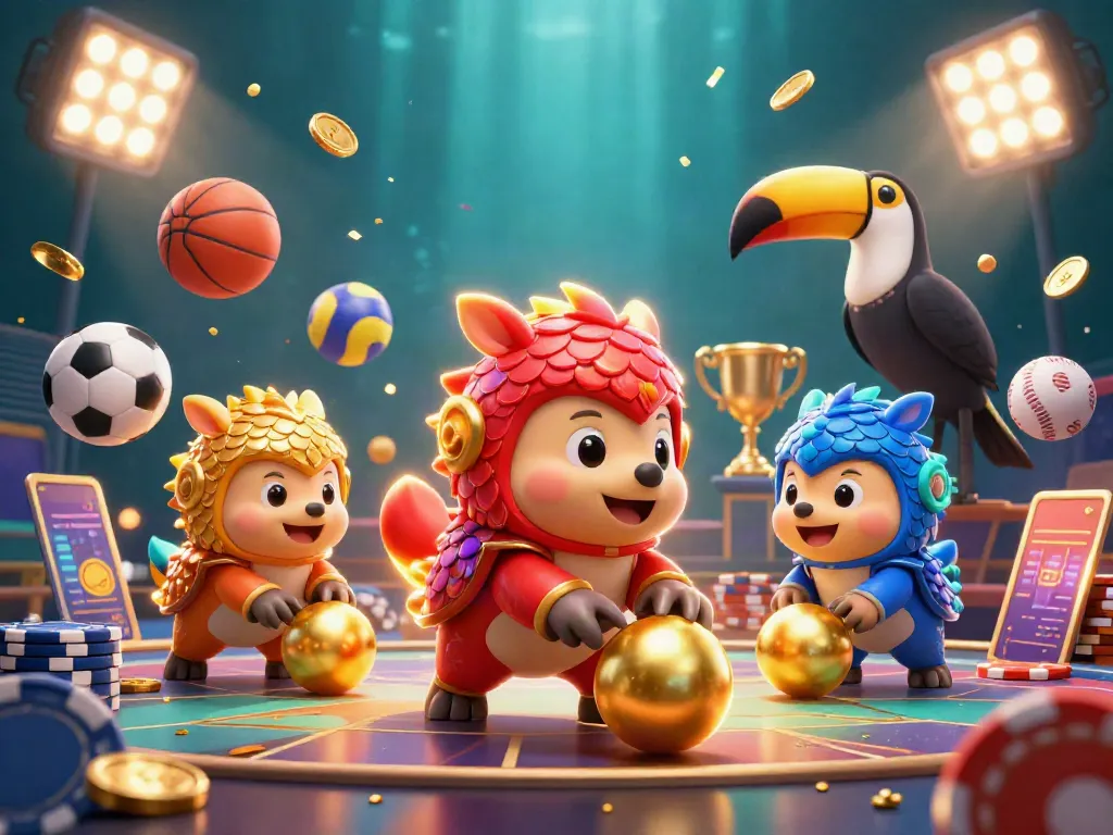 Engage in the thrilling action of ku88 as pangolins compete with golden bowling balls amidst flying sports elements.