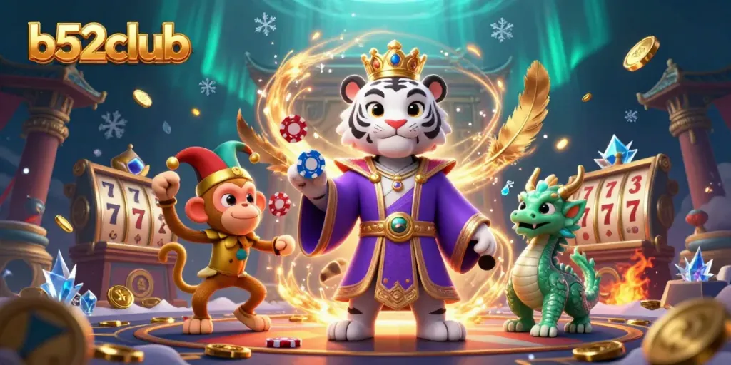 Engage in thrilling gameplay at b52club with vibrant characters amidst casino excitement.
