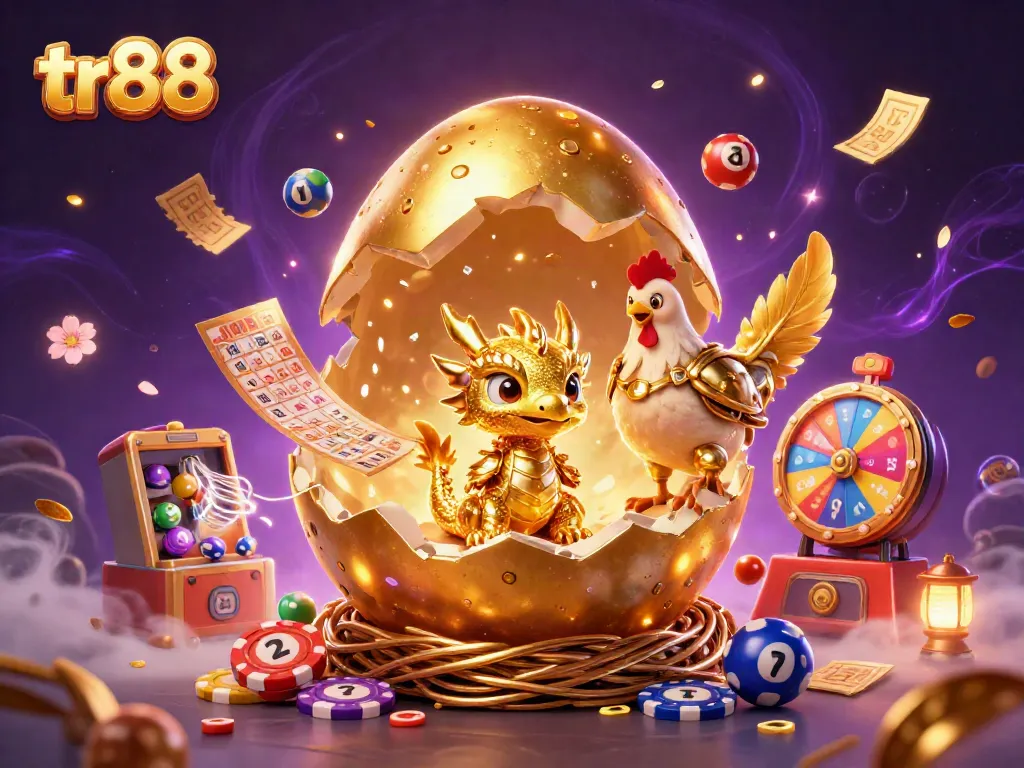 tr88 engages gamblers with a vivid scene of a golden dragon on poker chips amidst lottery balls and golden tickets.