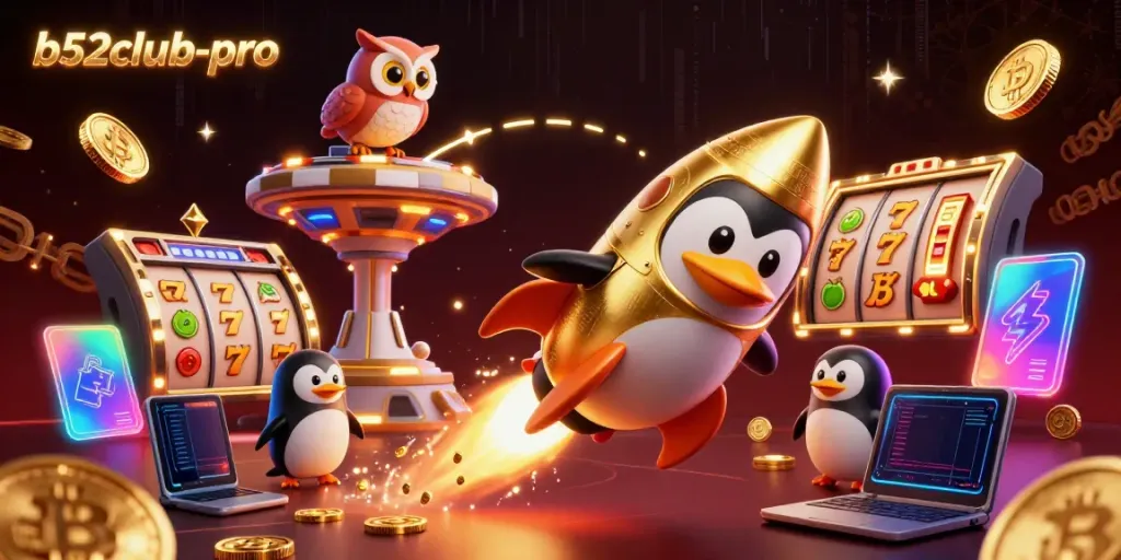 The b52club-pro penguin blasts through a vibrant casino space scene filled with coins and jackpots.