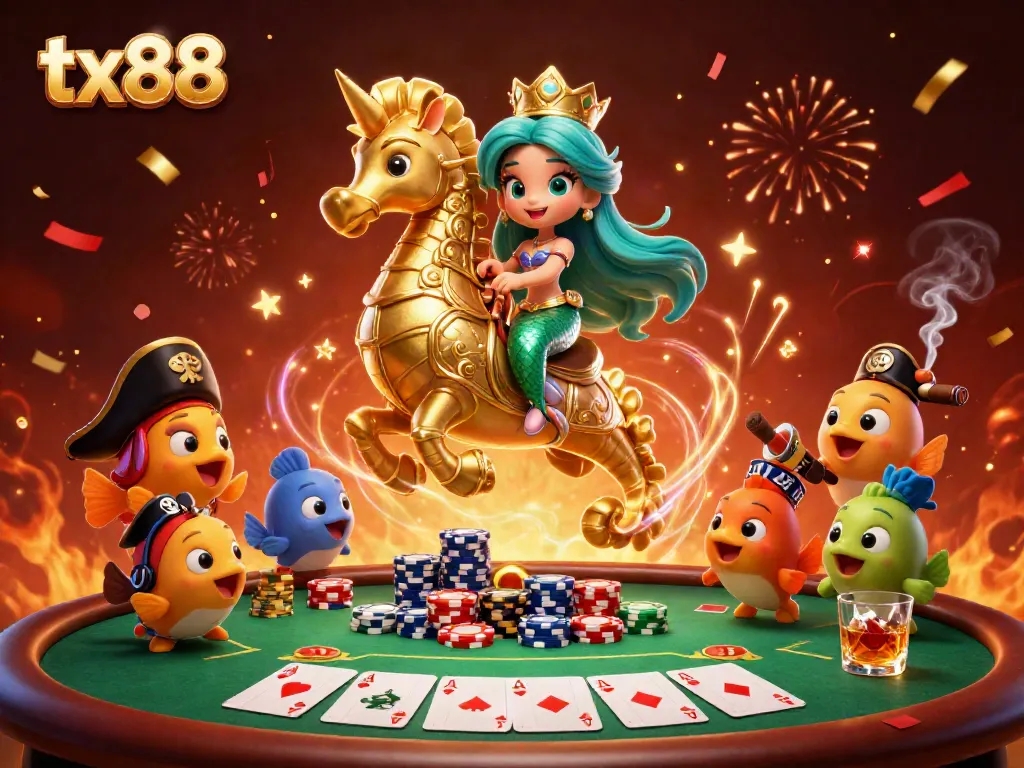 Experience the thrilling world of tx88 where a mermaid princess rides a seahorse among vibrant casino elements.