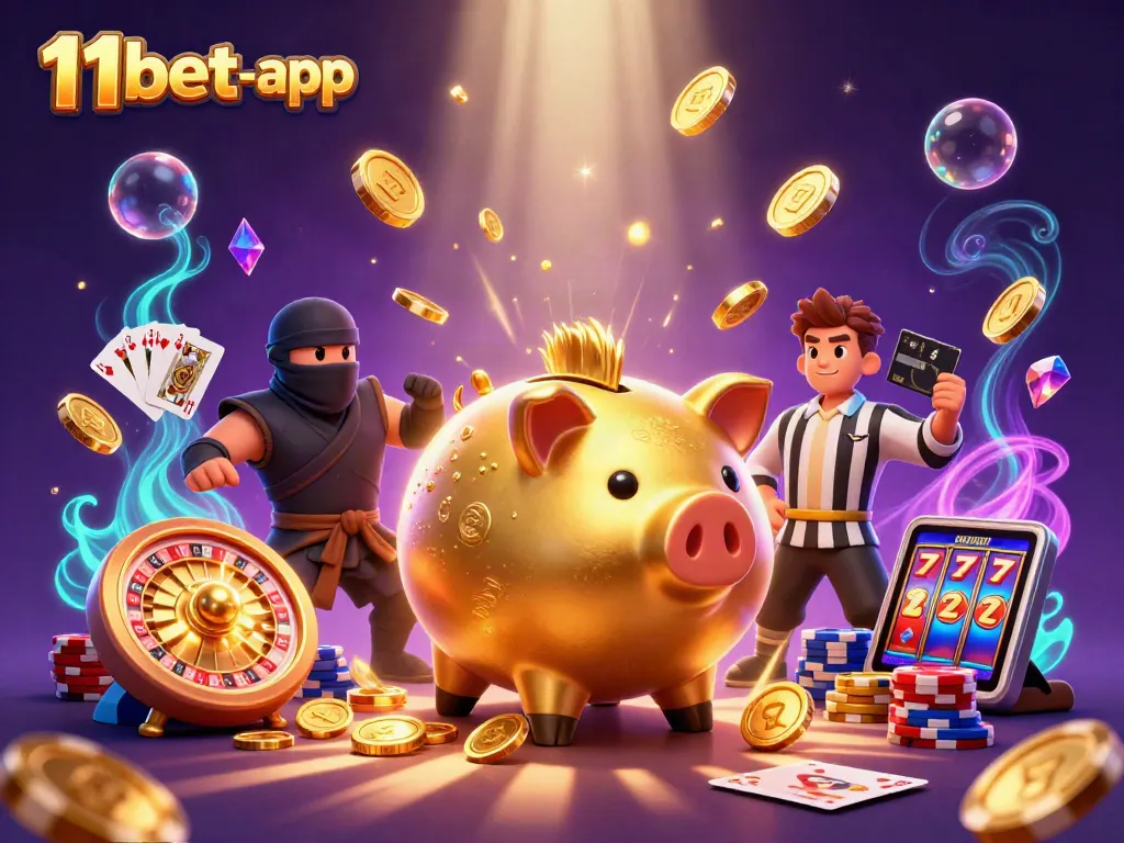 Experience thrilling gameplay at 11bet-app with vibrant characters, golden coins, and dynamic casino elements.