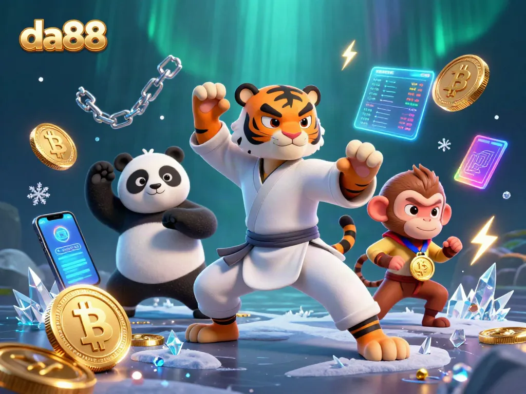 Engage with da88 through a vibrant 3D cartoon scene showcasing a kung fu tiger and gambling elements.