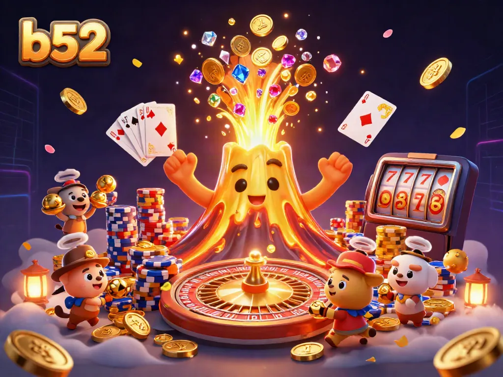 Experience the thrill of b52 casino games with a golden volcano erupting coins and treasure.