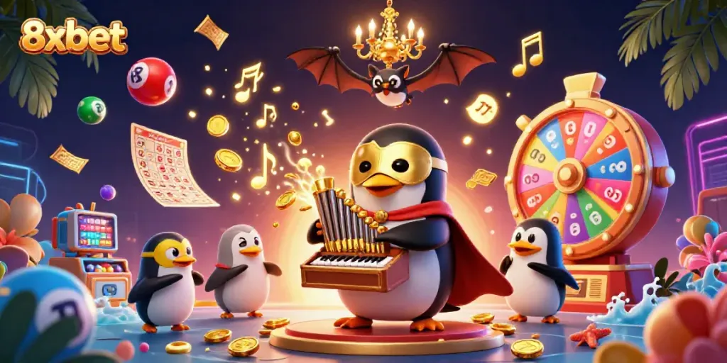 Experience 8xbet with vibrant casino elements featuring a playful opera penguin and dynamic lottery games.
