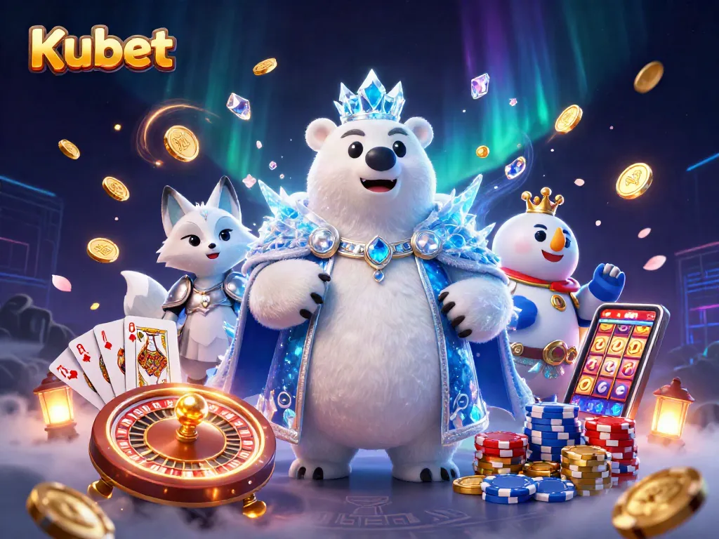 Kubet showcases an enthralling scene with a 3D cartoon ice king polar bear, snow fox, and gambling elements dynamically displayed.