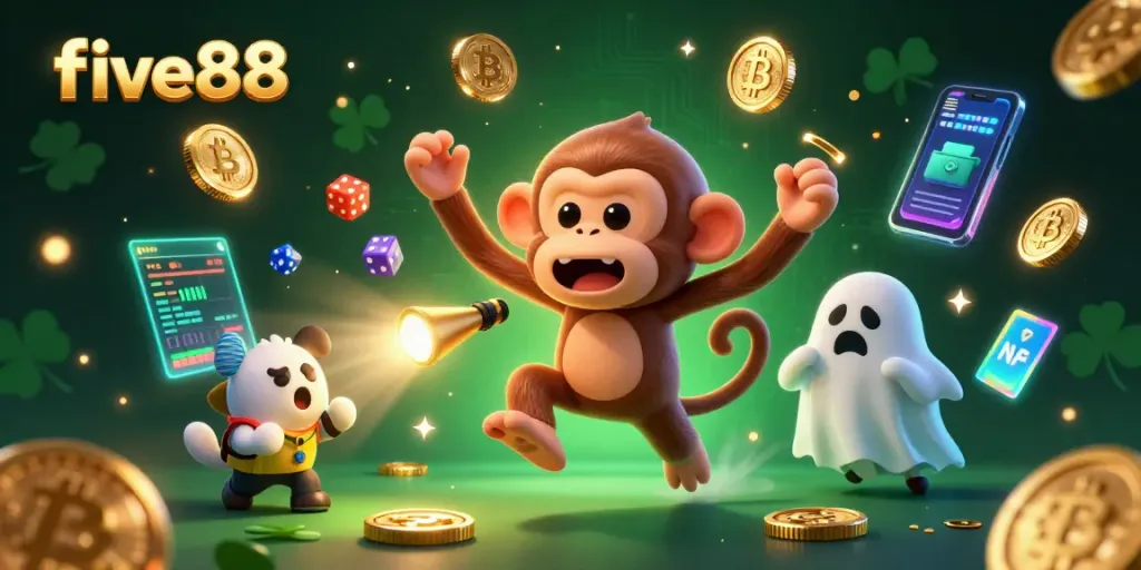 Engage with the lively poltergeist monkey at five88, juggles casino treasures amid neon crypto coins.