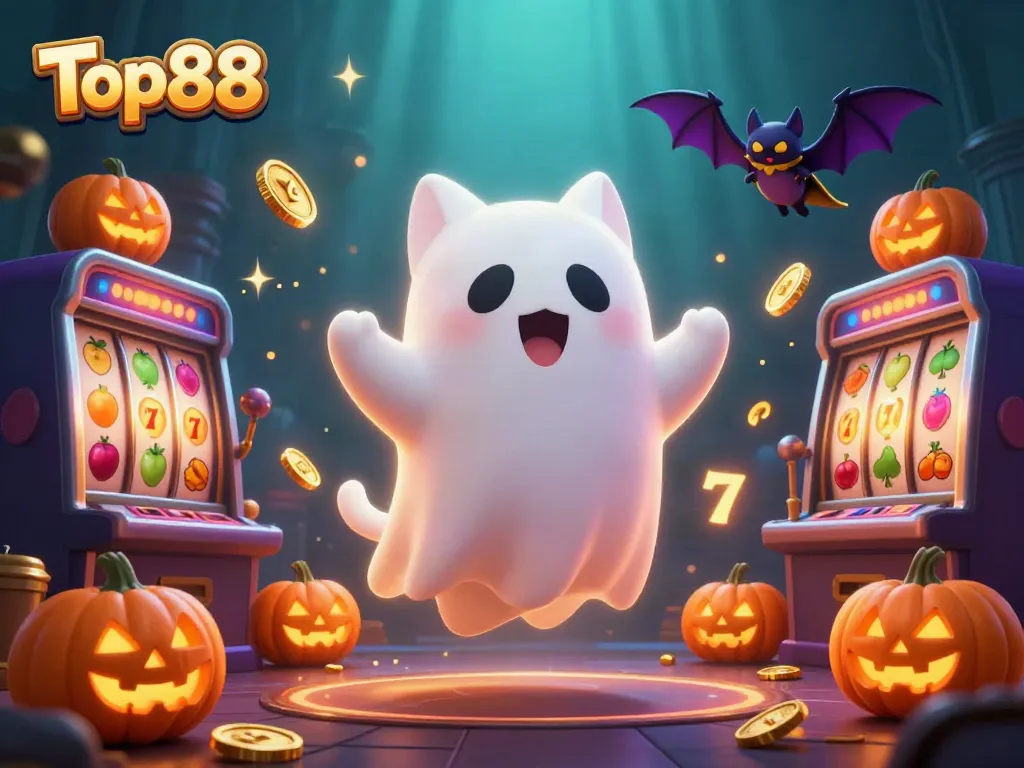 Experience the vibrant Top88 haunted casino with a ghost cat and vampire bat, while winning big!