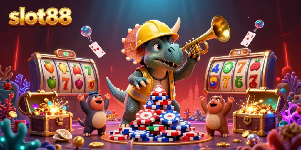 Enjoy the excitement of slot88 as a triceratops builds a fun pyramid of poker chips in a vibrant casino scene.