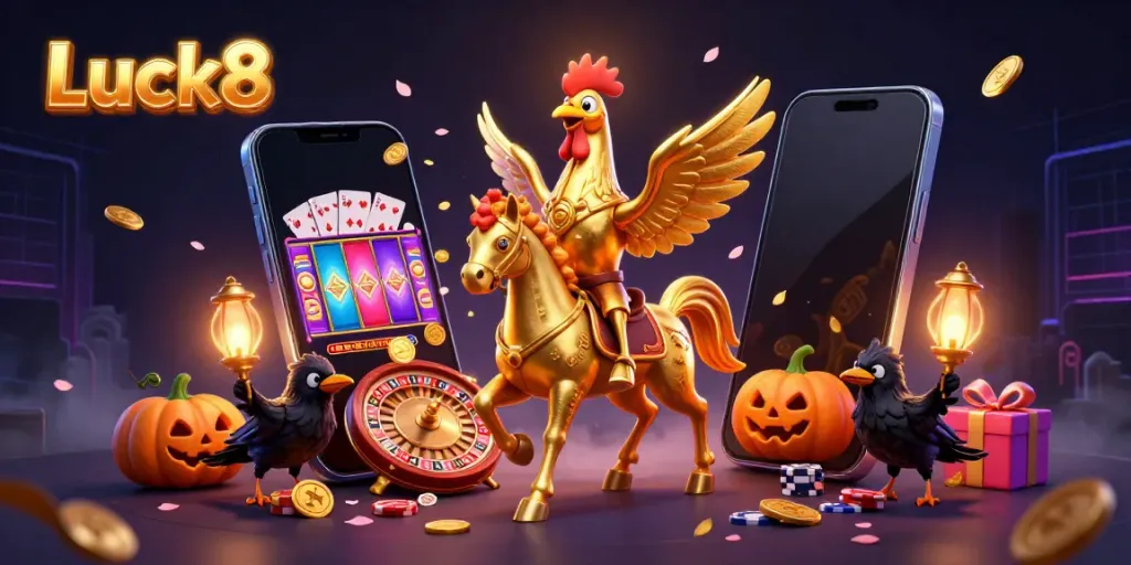 Luck8 showcases a golden rooster in a dynamic casino scene, featuring slot games and vibrant elements.