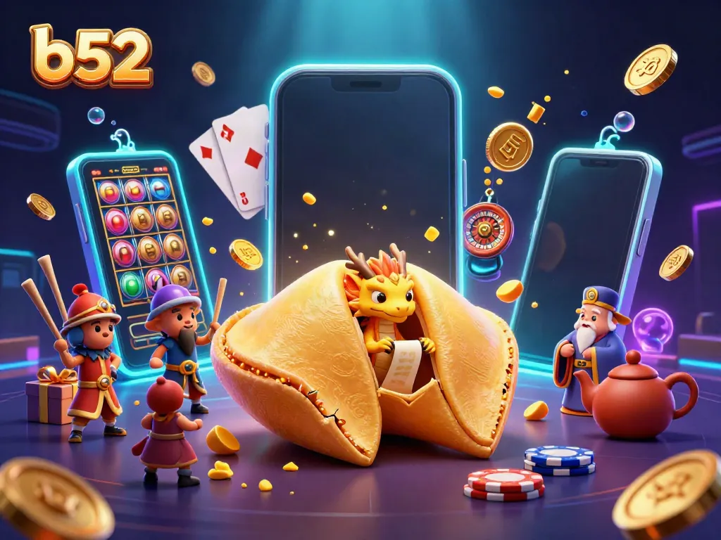 Engage in vibrant B52 casino adventures with a golden cookie and treasures spilling from a smartphone.