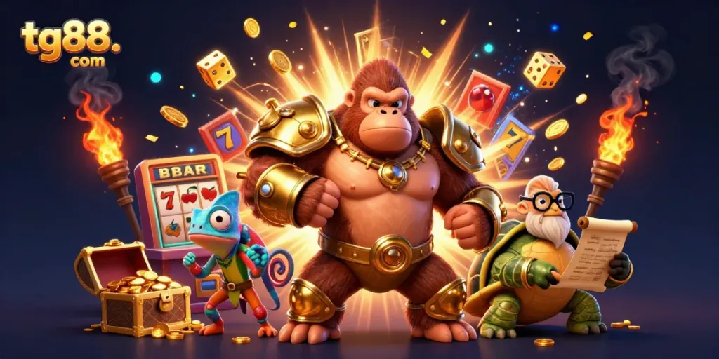 Battle the reels at tg88. com with a vibrant illustration of a gorilla king, chameleon spy, and tortoise elder.