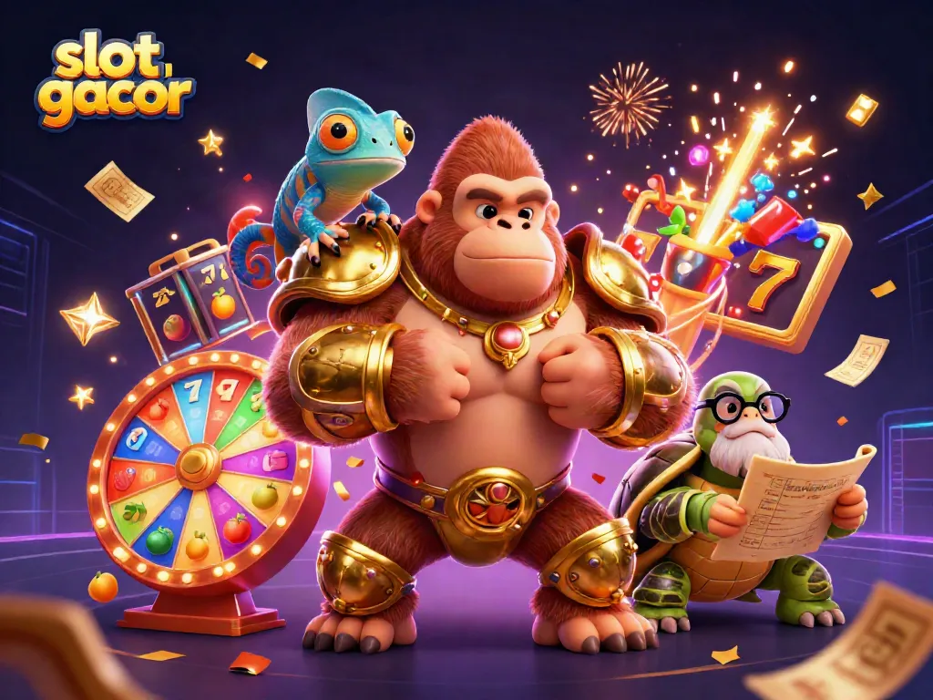 Engaging illustration featuring a powerful gorilla king and colorful slot gacor elements, celebrating big wins.