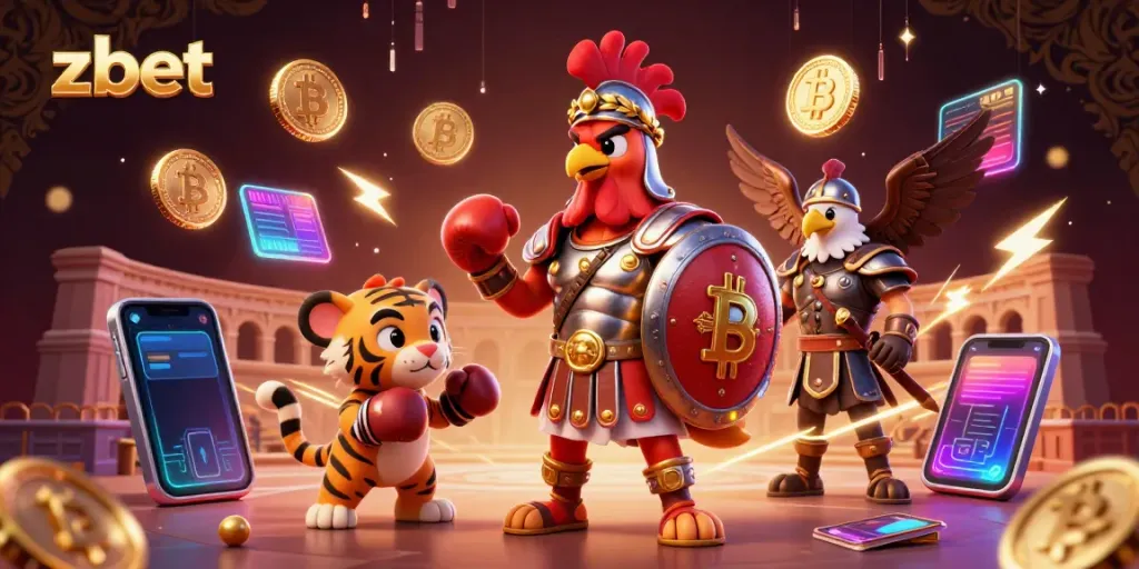 Engage with ZBET's immersive gaming experience featuring dynamic characters and crypto elements.