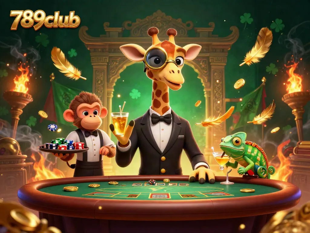 Engage in thrilling games of chance at 789club, featuring a high-roller giraffe at an opulent poker table.