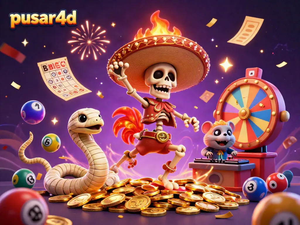 Experience the excitement of pusar4d with a vibrant celebration scene full of characters and gambling fun.