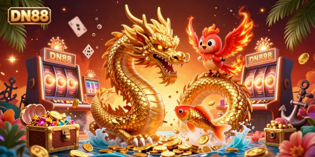 Experience the thrilling DN88 dragon and phoenix interplay in a vibrant casino scene filled with gold coins and slot machines.