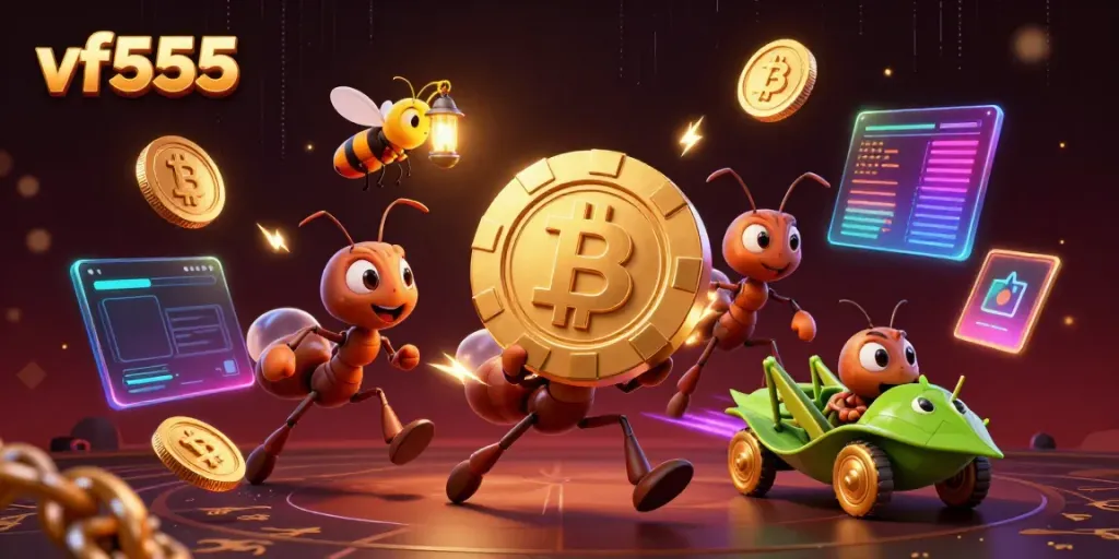 Engaging scene with vf555 featuring ants carrying a giant poker chip and crypto elements in a casino setup.