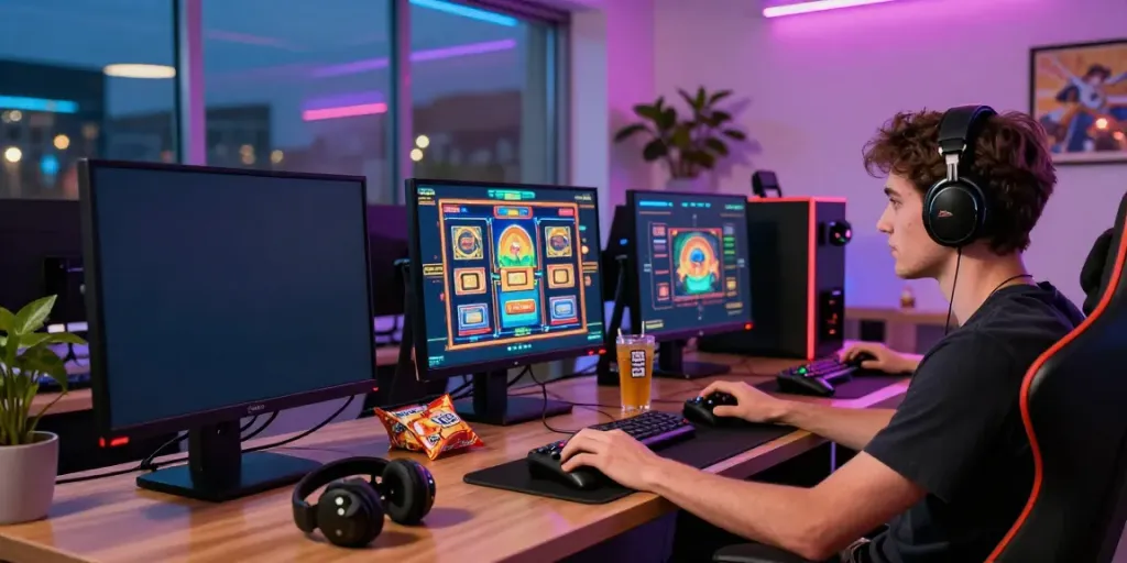 Situs gacor online gaming enthusiast at home, enjoying vibrant slots in a cozy setup.