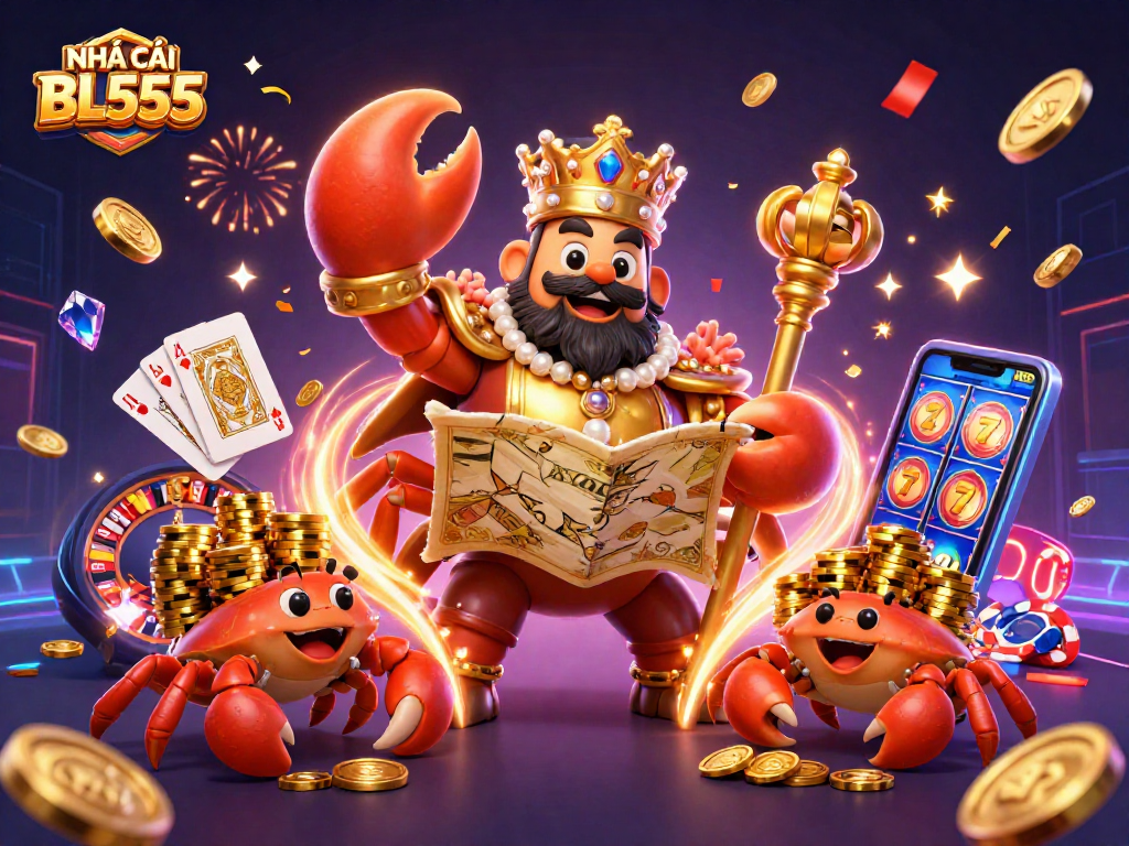 Experience the thrill at NHÀ CÁI BL555 with vibrant 3D casino characters celebrating surrounded by golden coins and jackpots.