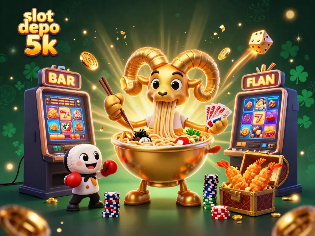Experience excitement with slot depo 5k showcasing a vibrant 3D scene of colorful casino characters and elements.