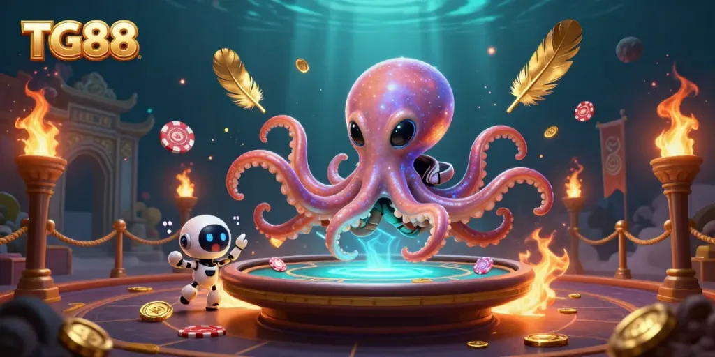 Experience dynamic gaming with TG88 as an alien octopus hosts poker in a vibrant casino.