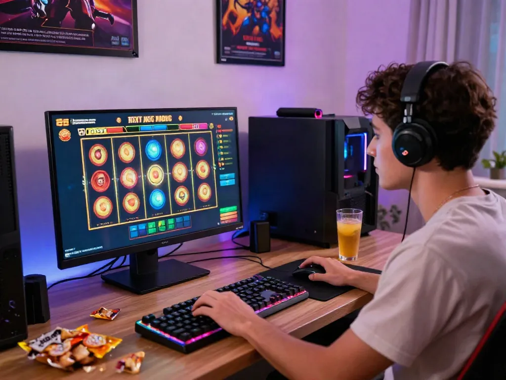 Player enjoying slot gacor hari ini, gaming setup with colorful slot graphics and engaging accessories.