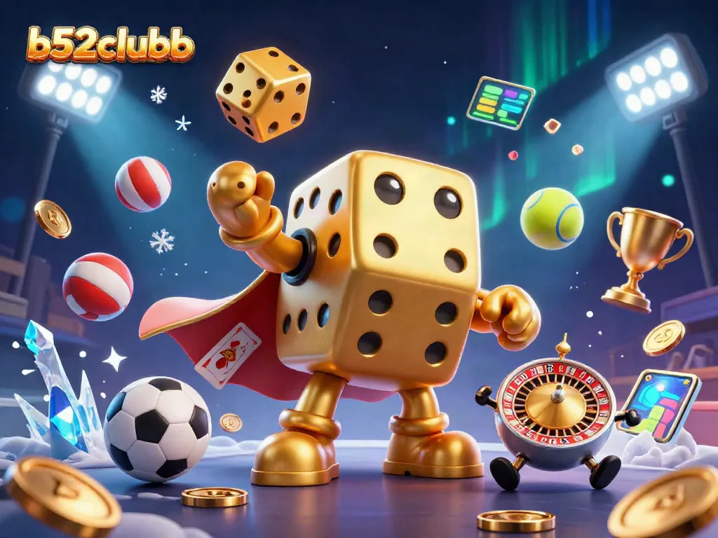 Experience the excitement of b52clubb with a dynamic illustration of golden dice and gaming elements.