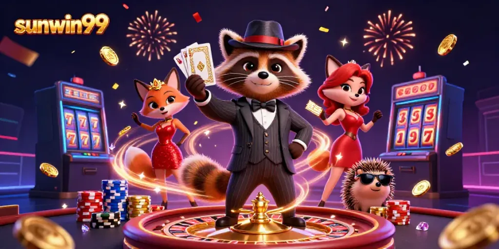 Experience excitement with sunwin99 as a suave raccoon and his charming fox friend play cards amidst a lavish casino scene.