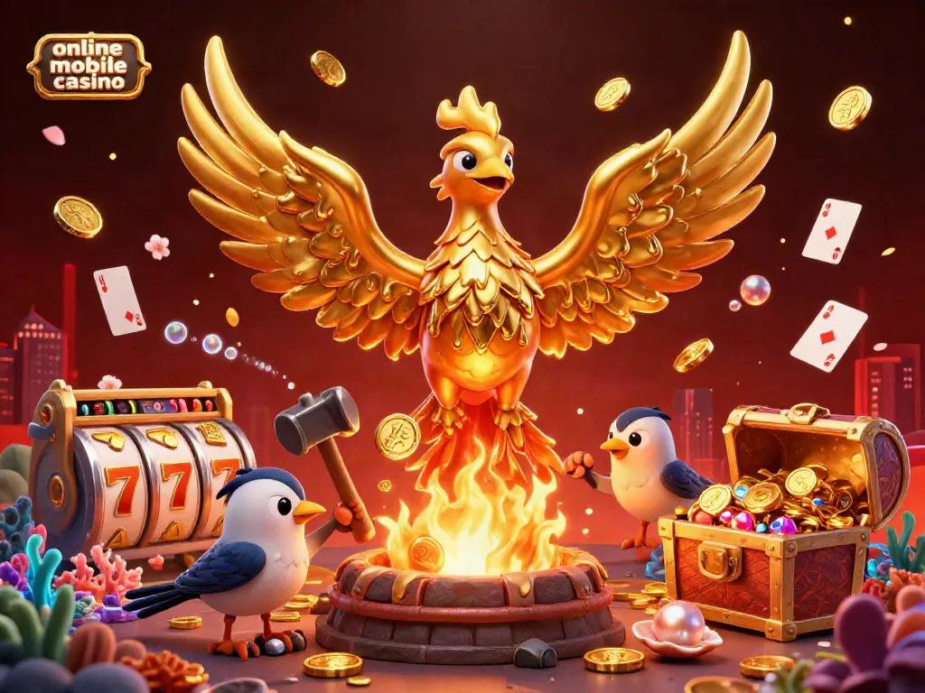 Engage with the thrilling atmosphere of an online mobile casino featuring a golden phoenix and vibrant game elements.