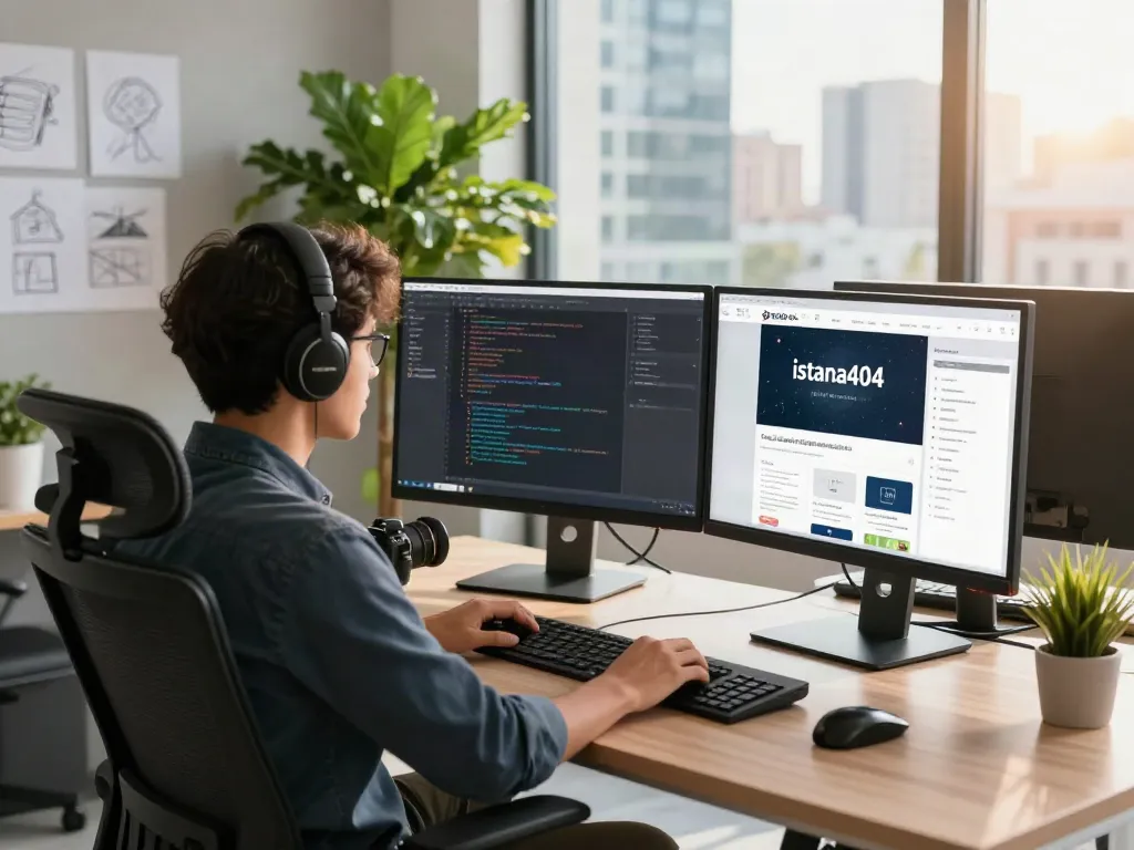 Developer coding for istana404 in a modern tech workspace with dual monitors and city view.