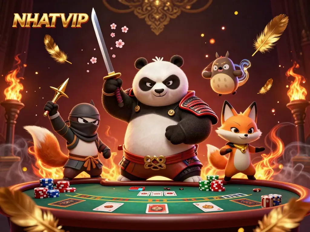 Experience thrilling action with NHATVIP featuring a samurai panda and a ninja fox at a vibrant casino.