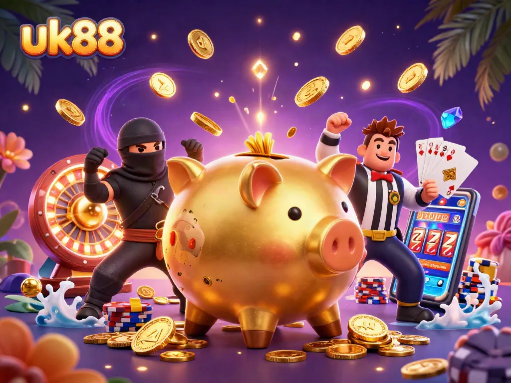 Experience the thrill of uk88 as characters engage in dynamic casino action surrounded by cascading winnings.
